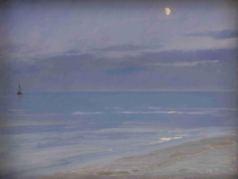 Skagen Beach in Moonlight,Skagen Strand in Maanlicht,Peder Severin Krøyer,Olieverf,Olieverf, maan, oceaan