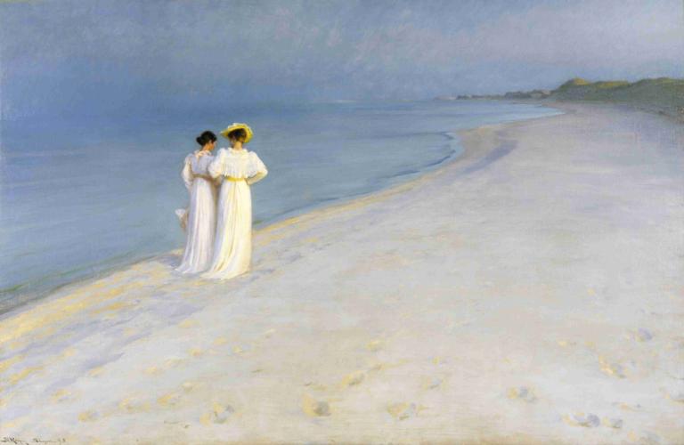 Summer Evening on the Souther Beach,Zomeravond op het zuiderstrand,Peder Severin Krøyer,Olieverf,Olieverf