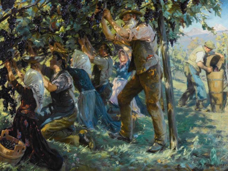 Wine Harvest In The Tyrol,Wijnoogst in Tirol,Peder Severin Krøyer,Olieverf,Olieverf, meerdere jongens, schort