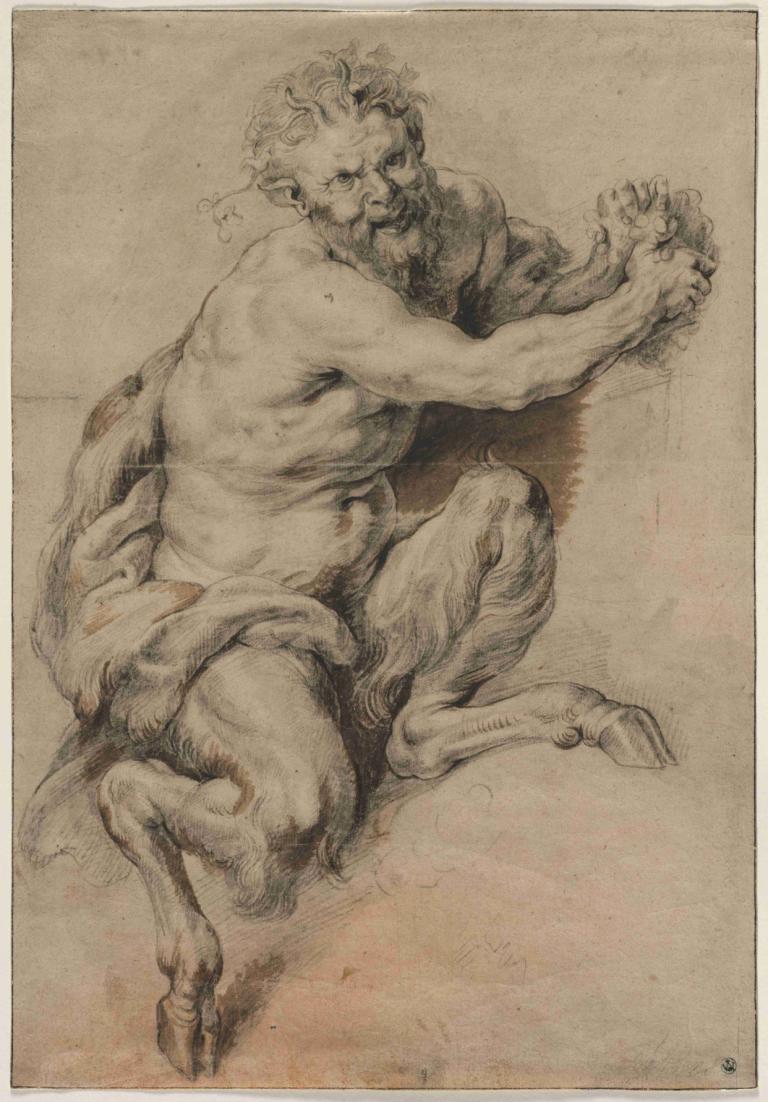 A Faun Grasping a Bunch of Grapes,Peter Paul Rubens,Sketch,Sketch, taur, male focus, 1boy, solo, monochrome