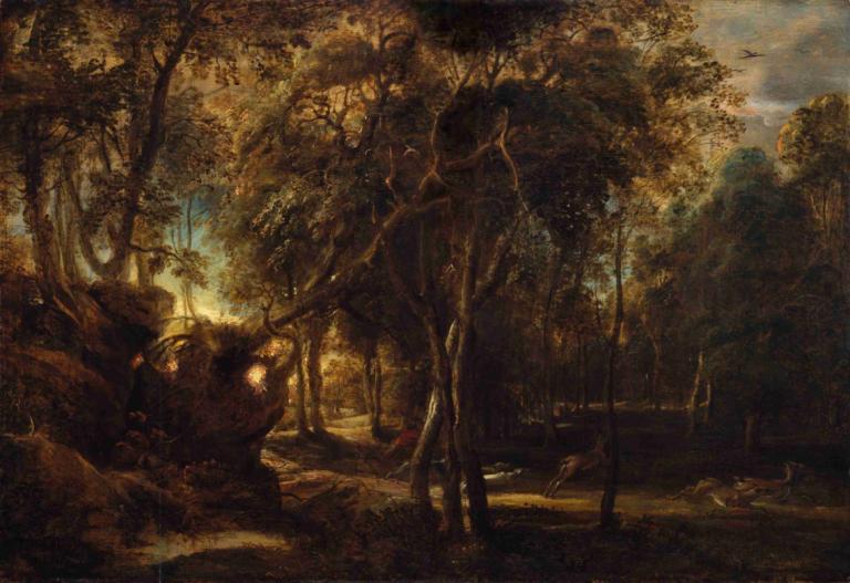 A Forest at Dawn with a Deer Hunt,Peter Paul Rubens,Oil Painting,Oil Painting, tree, scenery, no humans