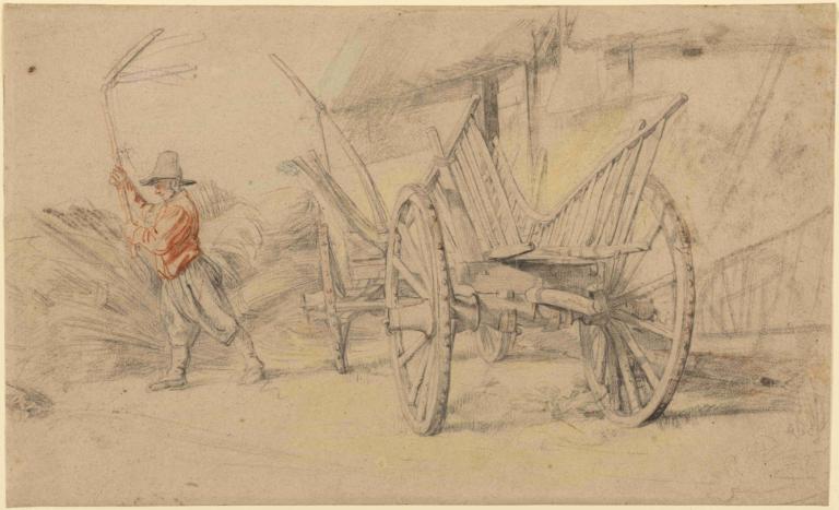 A Man Threshing Beside a Wagon, Farm Buildings Behind,Peter Paul Rubens,Sketch,Sketch, 1boy, hat, male focus