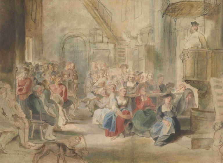 A Sermon in a Village Church,Peter Paul Rubens,Oil Painting,Oil Painting, multiple girls, 6+boys