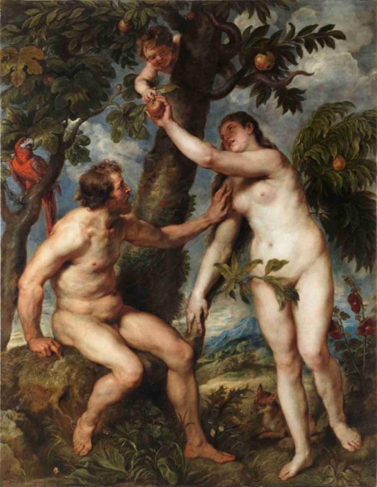 Adam and Eve,Peter Paul Rubens,Oil Painting,Oil Painting, fine art parody, nude, tree, fruit, multiple boys