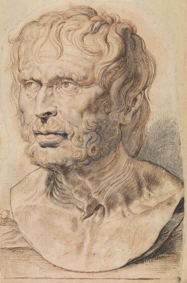 Bust of Pseudo-Seneca,Peter Paul Rubens,Sketch,Sketch, 1boy, solo, male focus, old, facial hair, monochrome