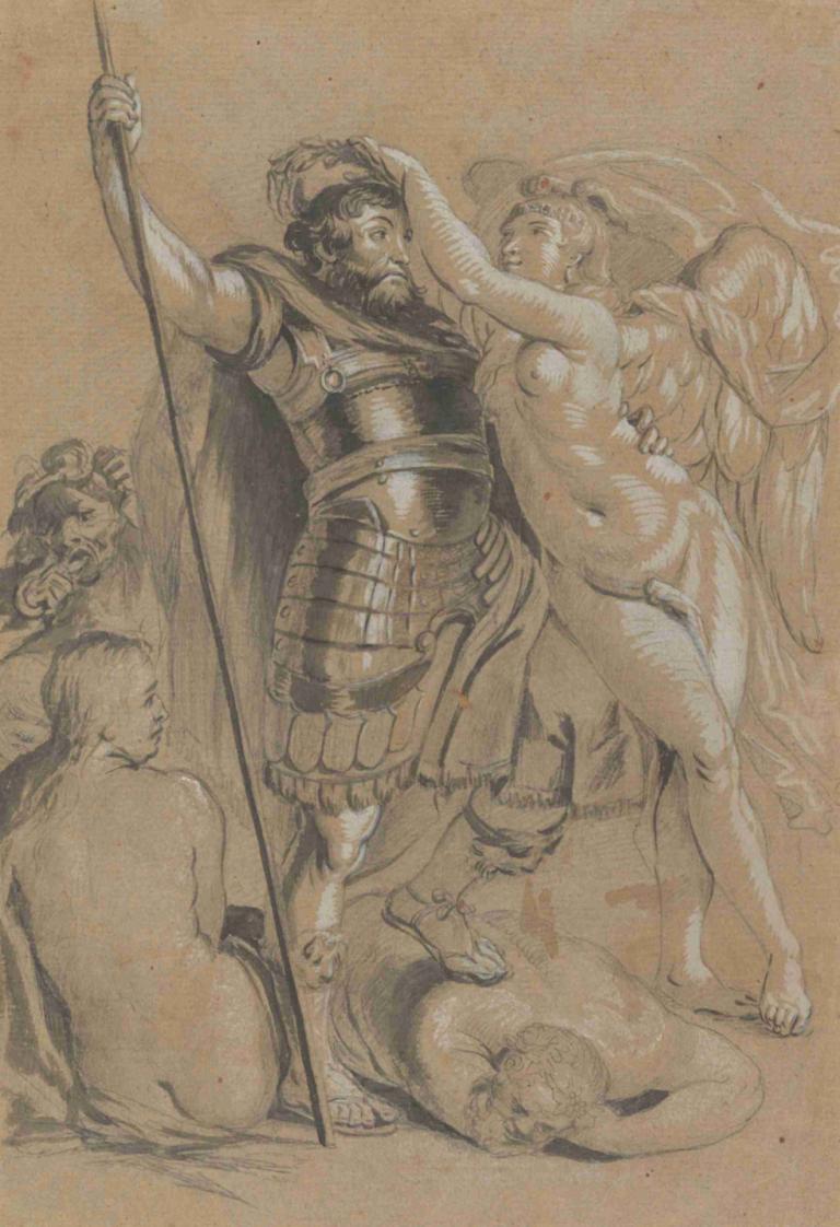 Crowning of Mars,火星加冕,Peter Paul Rubens,彼得-保罗-鲁本斯,素描,素描, 美术模仿, 裸体, 胡须, 多个男孩, 盔甲, 胡子, 乳头, 长柄武器, 单色, 乳房, 阴茎, 性别