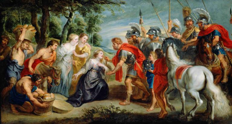 David Meeting Abigail,Peter Paul Rubens,Oil Painting,Oil Painting, fine art parody, multiple boys, horse