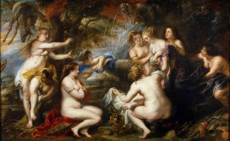 Diana And Callisto,Peter Paul Rubens,Oil Painting,Oil Painting, fine art parody, parody, nude, multiple girls