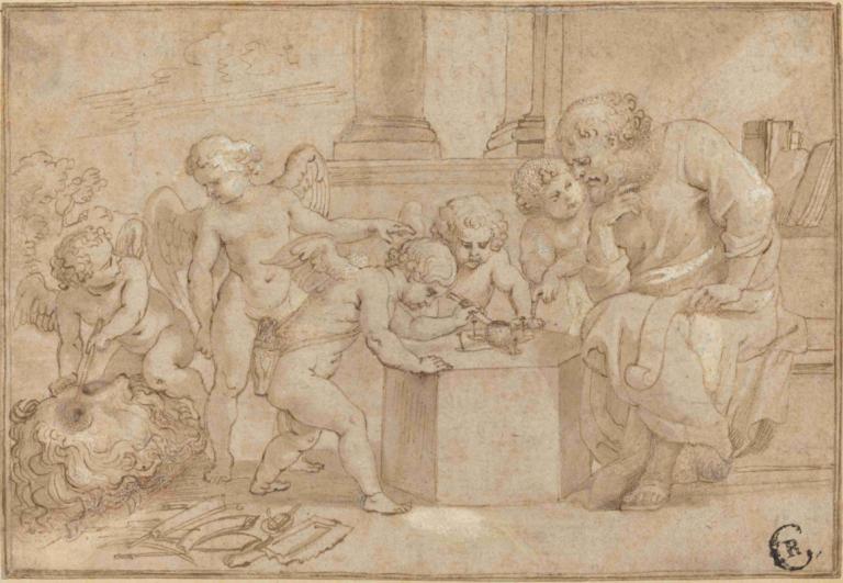 Elderly Man Watching Putti Dissect an Eye,老人观看普提解剖眼睛,Peter Paul Rubens,彼得-保罗-鲁本斯,铜版画,铜版画, 多个女孩, 单色, 阴茎, 多个男孩