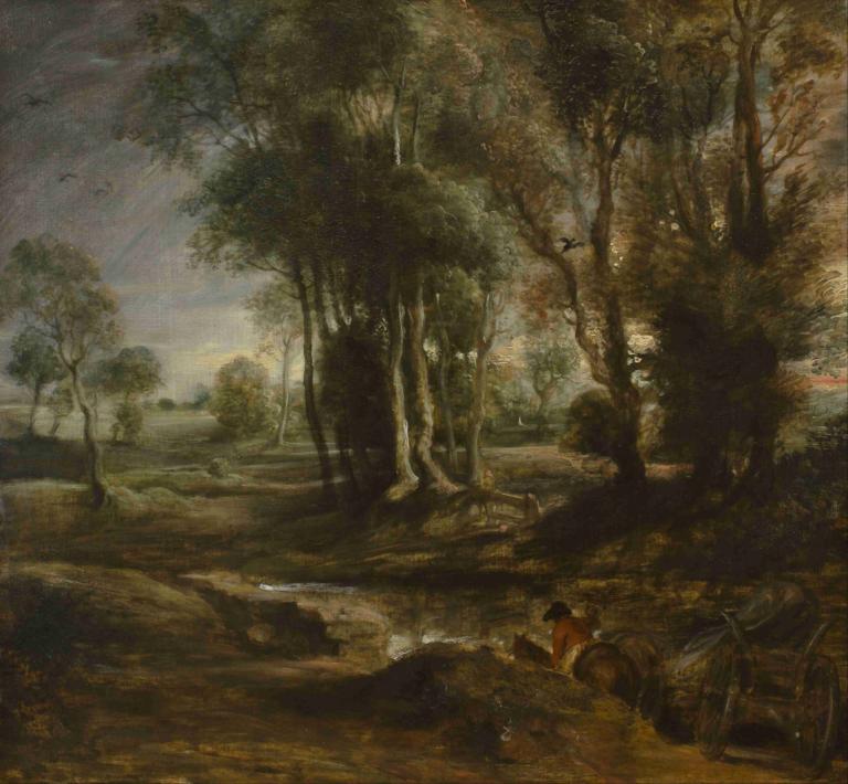 Evening Landscape with Timber Wagon,有木头马车的傍晚风景,Peter Paul Rubens,彼得-保罗-鲁本斯,油画,油画, 树, 风景, 户外, 自然, 传统媒体, 独奏, 森林