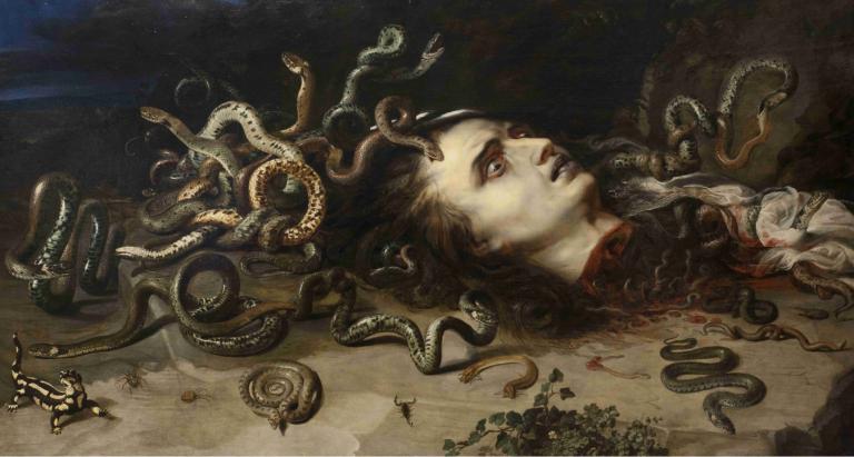 Head of Medusa,Peter Paul Rubens,Oil Painting,Oil Painting, lying, solo, brown hair, 1boy, fine art parody