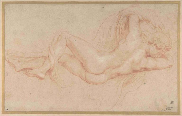 Hermaphrodite,Peter Paul Rubens,Sketch,Sketch, 1boy, male focus, solo, nude, long hair, monochrome, lying