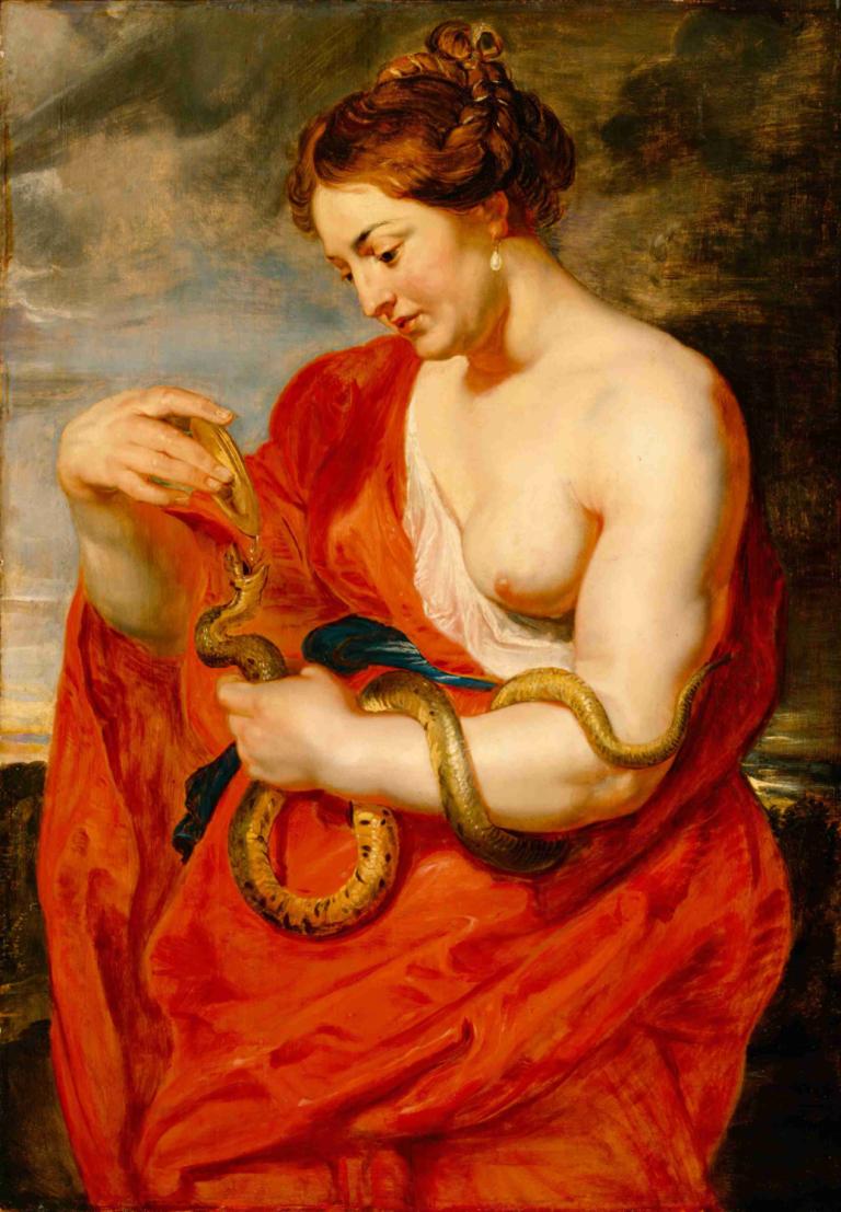 Hygeia, Goddess of Health,Peter Paul Rubens,Oil Painting,Oil Painting, fine art parody, 1girl, solo, nipples