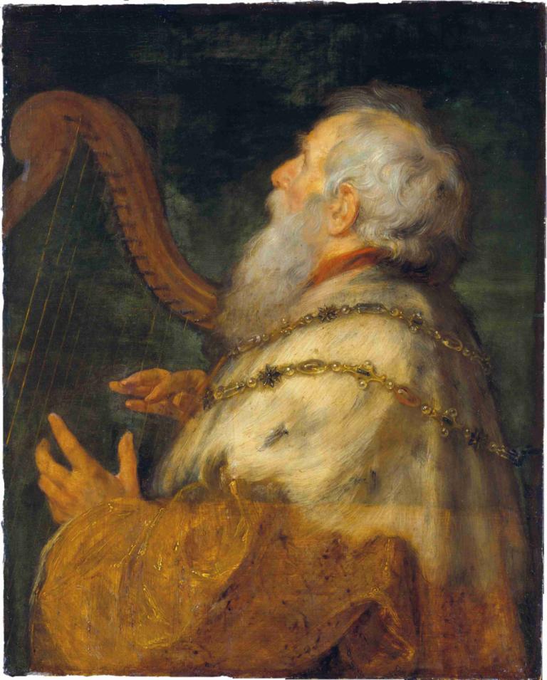 King David Playing the Harp,ハープを弾くダビデ王,Peter Paul Rubens,ピーター・ポール・ルーベンス,油絵,油絵, 男の子1人, 楽器, 男性の焦点, 顔の毛, ソロ