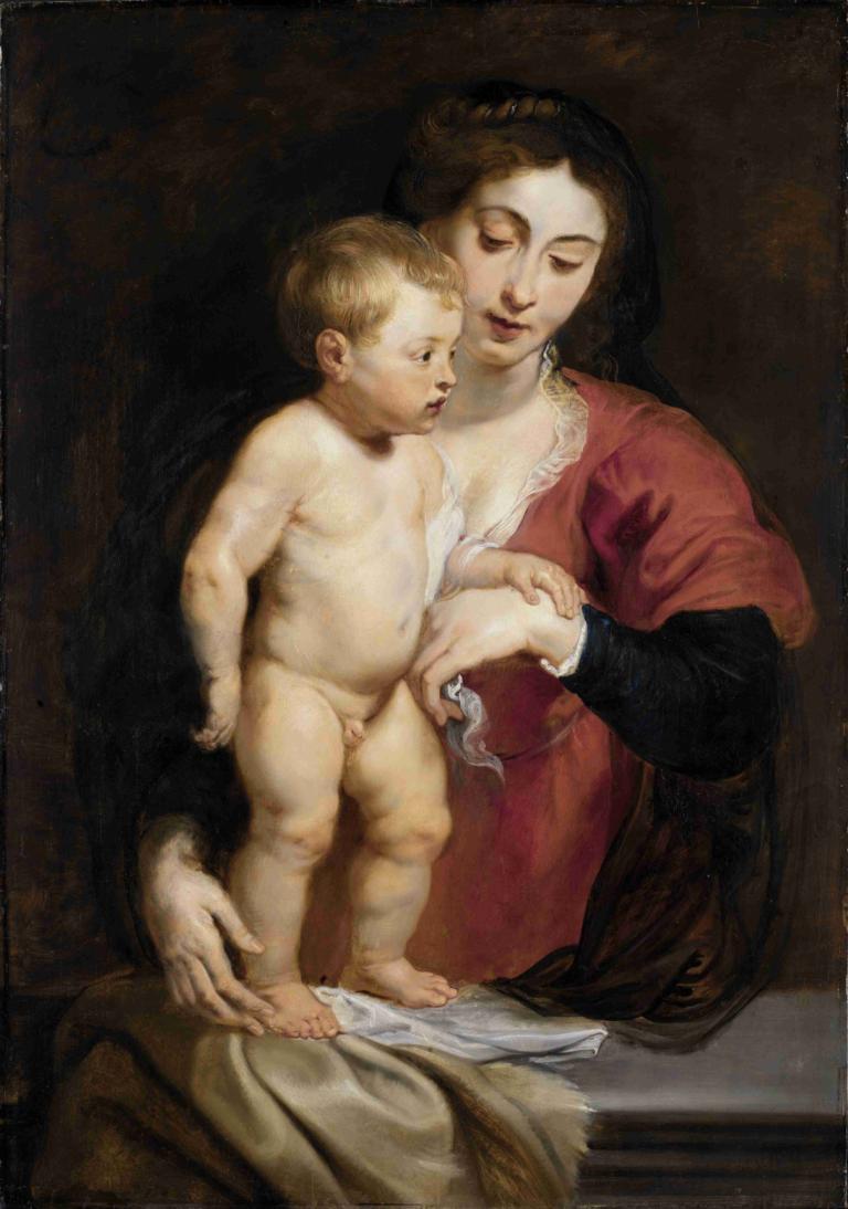 Madonna and Child,Peter Paul Rubens,Oil Painting,Oil Painting, fine art parody, 1girl, 1boy, nude, hetero