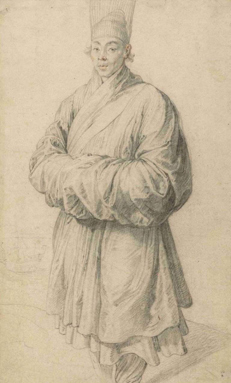 Man in Korean Costume,Peter Paul Rubens,Sketch,Sketch, solo, 1boy, hat, male focus, monochrome