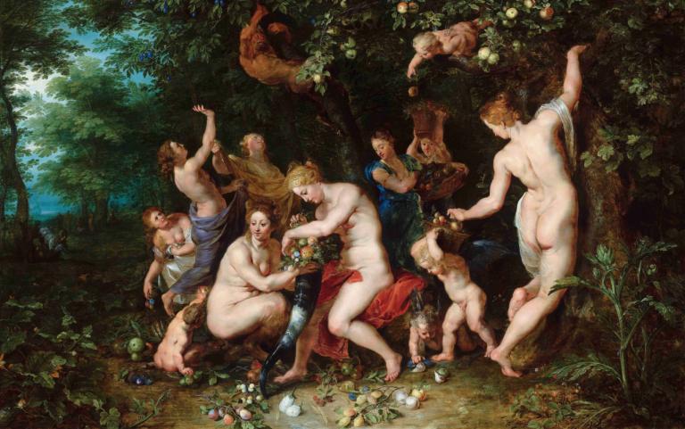 Nymphs Filling The Cornucopia,Nymfy vyplňující Roh hojnosti,Peter Paul Rubens,Olejomalba,Olejomalba