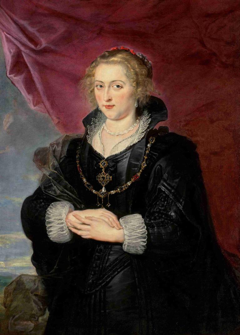 Portrait Of A Lady,一位女士的肖像,Peter Paul Rubens,彼得-保罗-鲁本斯,油画,油画, 1个女孩, 珠宝, 金头发, 独奏, 项链, 美术模仿, 传统媒体, 裙子, 黑裙子, 看着观众