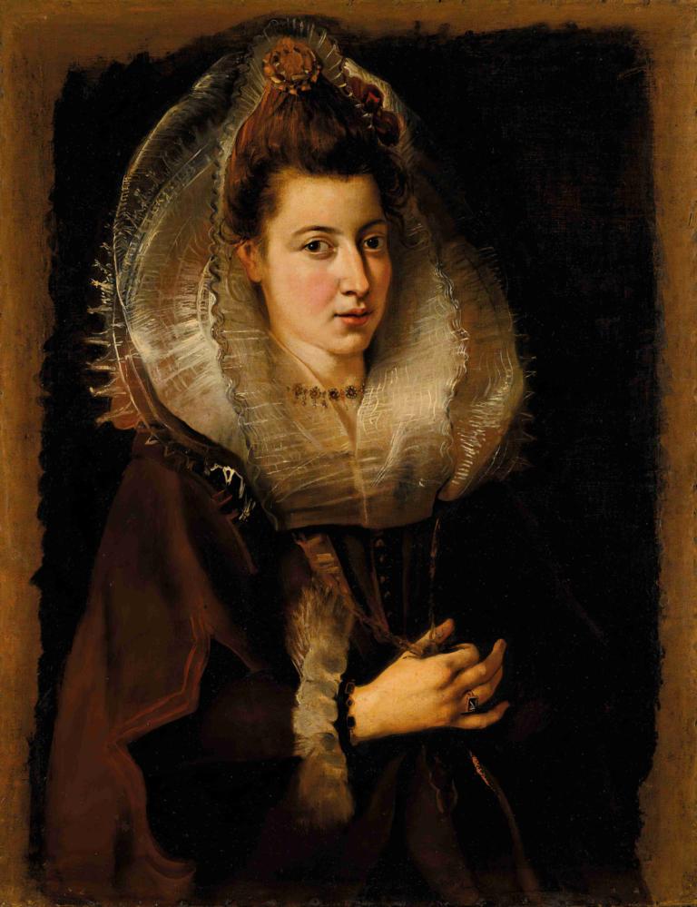 Portrait of a young woman,Portrett av en ung kvinne,Peter Paul Rubens,Oljemaleri,Oljemaleri, solo, smykker