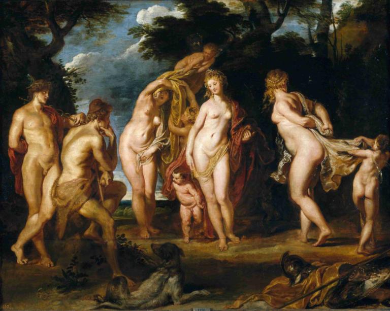 The Judgment Of Paris,巴黎审判,Peter Paul Rubens,彼得-保罗-鲁本斯,油画,油画, 美术模仿, 戏仿, 裸体, 乳房, 假传统媒体, 金头发, 多个男孩, 树, 多个女孩, 户外