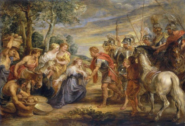 The Meeting of David and Abigail,大衛和阿比蓋爾的相遇,Peter Paul Rubens,油畫,油畫, 美術模仿, 馬, 多個男孩, 樹, 騎馬, 多個女孩, 金髮, 戶外, 6+男孩