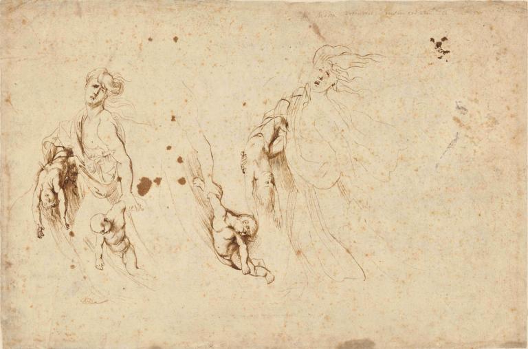 Three Sketches for Medea and Her Children,美狄亚和她的孩子们》的三幅素描,Peter Paul Rubens,彼得-保罗-鲁本斯,素描,素描, 单色, 多个男孩, 传统媒体