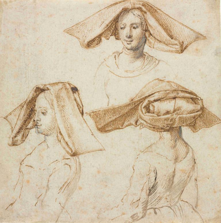 Three Studies of a Woman Wearing an Elaborate Headdress,对一位戴着精致头饰的妇女的三幅研究,Peter Paul Rubens,彼得-保罗-鲁本斯,素描,素描