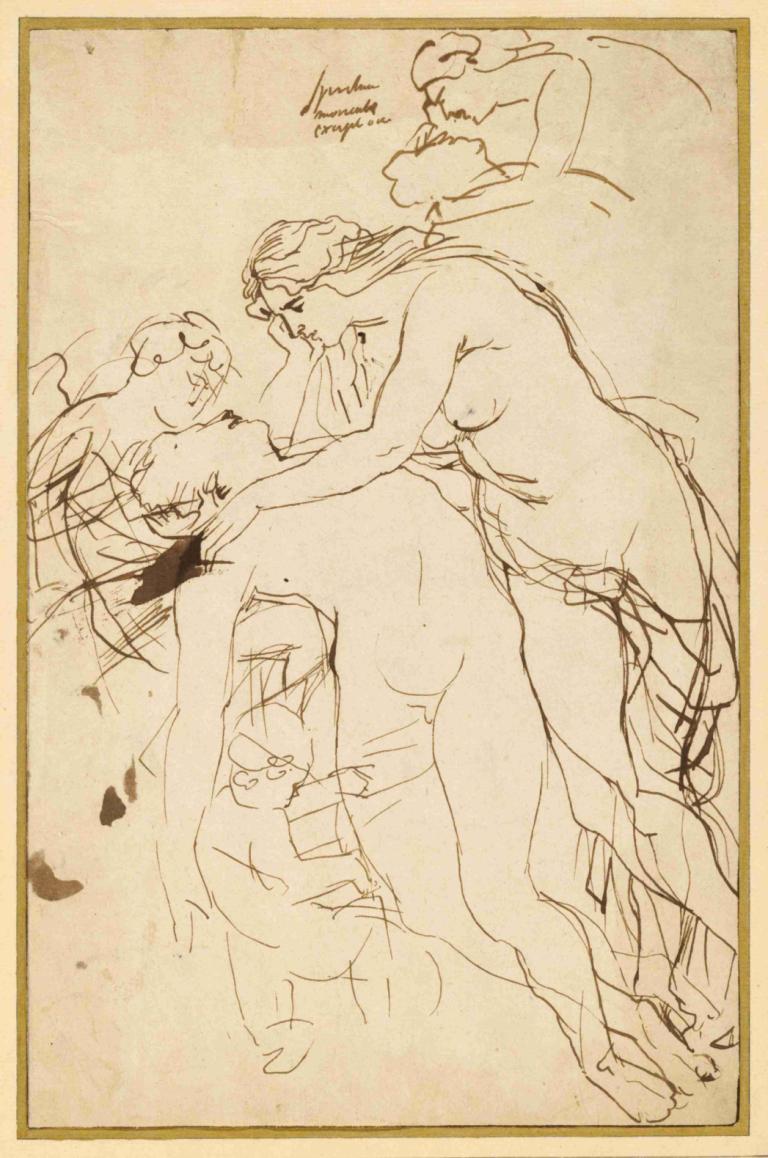 Venus Lamenting Adonis,维纳斯哀悼阿多尼斯,Peter Paul Rubens,彼得-保罗-鲁本斯,素描,素描, 乳房, 草图, 单色, 多个女孩, 裸体, 乳头, 中等乳房, 长发