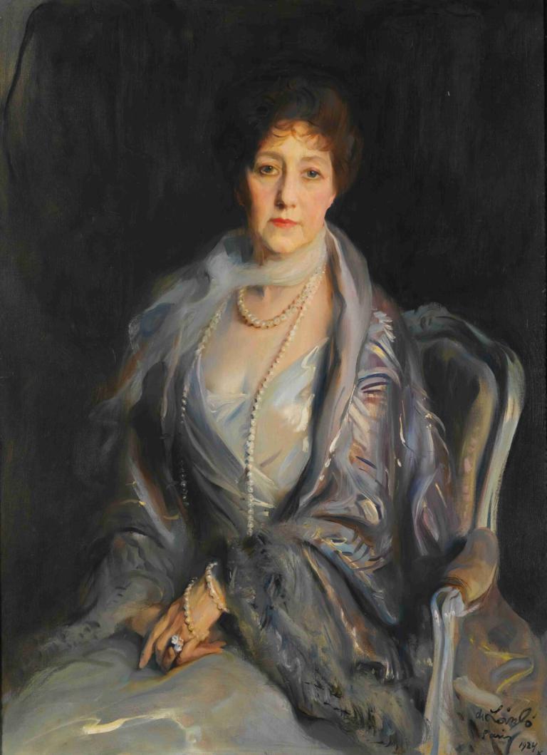 Portrait Of A Lady,貴婦人の肖像,Philip Alexius de László,フィリップ・アレクシウス・デ・ラースロー,油絵,油絵, 1女の子, ジュエリー, ソロ, ネックレス, 椅子