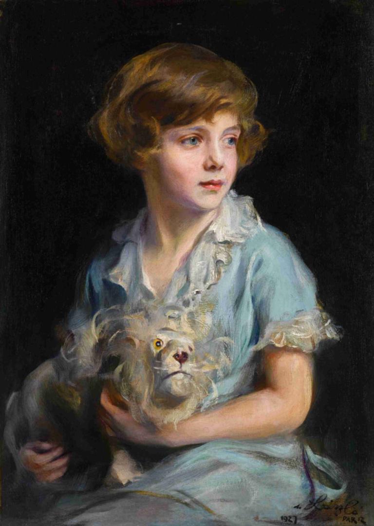 Portrait of a Child with a Steiff Lion,Portret van een kind met een Steiff Leeuw,Philip Alexius de László