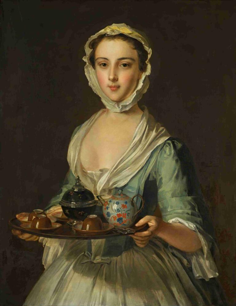 A Young Woman Carrying A Tea Tray, Possibly Hannah, The Artist's Maid,Een jonge vrouw met een theeschaaltje