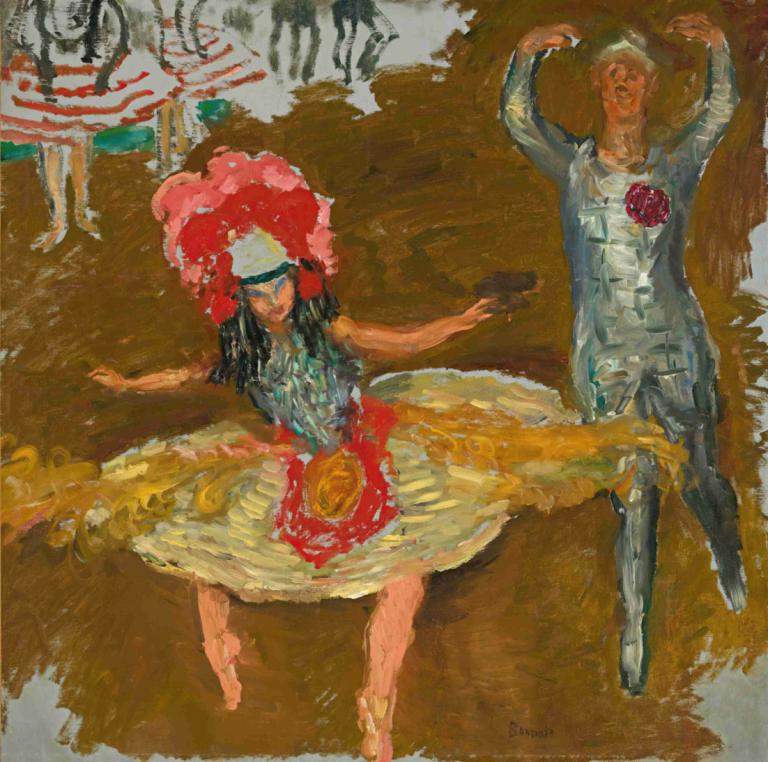 Danseurs,Pierre Bonnard,Oil Painting,Oil Painting, dancing, black hair, 1girl, fine art parody, hat, 1boy