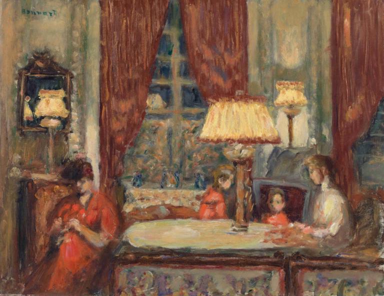 Evening Under the Lamps (La Soirée sous les lampes),ランプの下の夕べ,Pierre Bonnard,ピエール・ボナール,油絵,油絵, テーブル, 窓, 複数の女の子