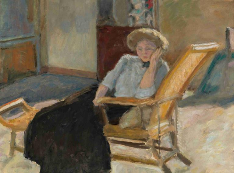 Femme Assise,Pierre Bonnard,Oil Painting,Oil Painting, hat, chair, shirt, 1boy, solo, sitting, white shirt