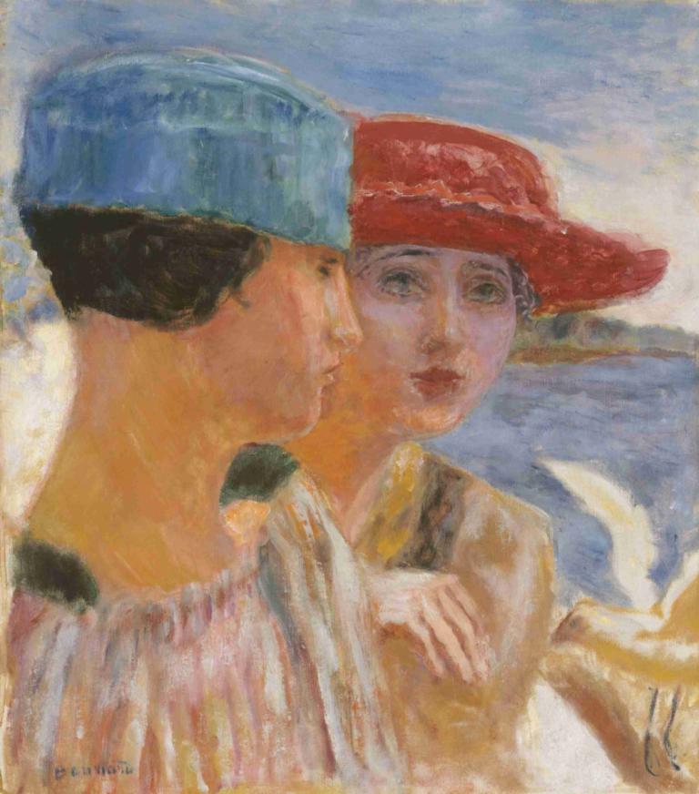 Jeunes filles à la mouette,牛仔褲的填充物,Pierre Bonnard,皮埃爾·博納爾,油畫,油畫, 帽子, 黑髮, 美術模仿, 傳統媒體, 1個女孩, 藍色頭飾, 多個男孩, 1男孩