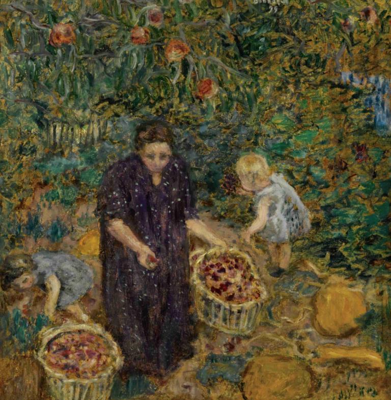 La Cueillette des fruits,《水果之夜》,Pierre Bonnard,皮埃爾·博納爾,油畫,油畫, 花, 金髮, 裙子, 短髮, 孩子, 多個男孩, 保持, 常設, 白色禮服, 棕色的頭髮