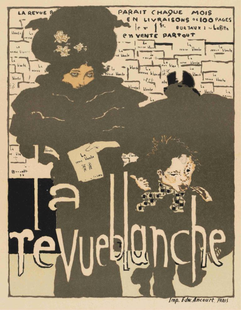 La Revue Blanche,Pierre Bonnard,皮埃爾·博納爾,插畫,插畫, 帽子, 英文文本, 非洲式, 1個女孩, 花, 單色, 鬍子, 1男孩, 2個男孩, 多個男孩, 圍巾, 戲仿, 黑髮