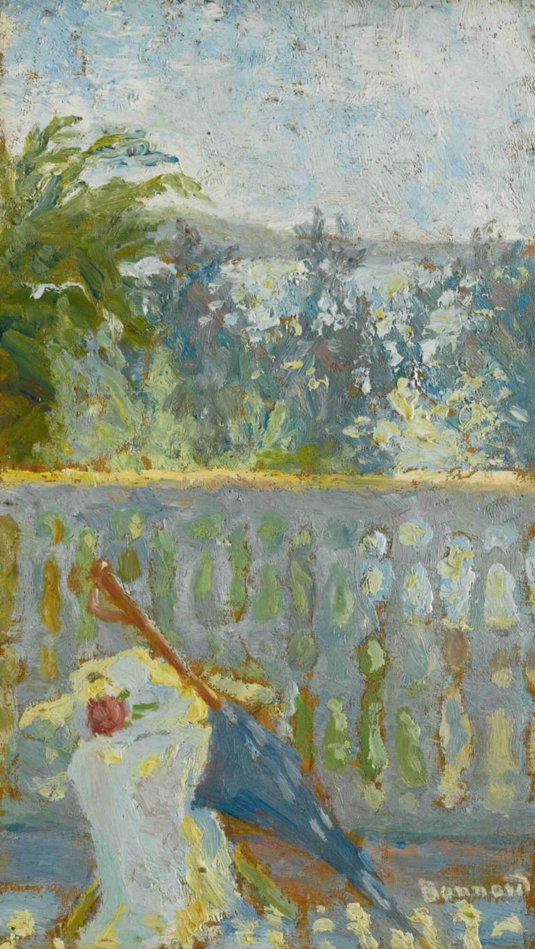 Le Balcon Et L'ombrelle,《巴爾康與L的夢想》,Pierre Bonnard,皮埃爾·博納爾,油畫,油畫, 戶外, 繪畫（中）, 傳統媒體, 傘, 假傳統媒體, 風景, 沒有人類, 植物