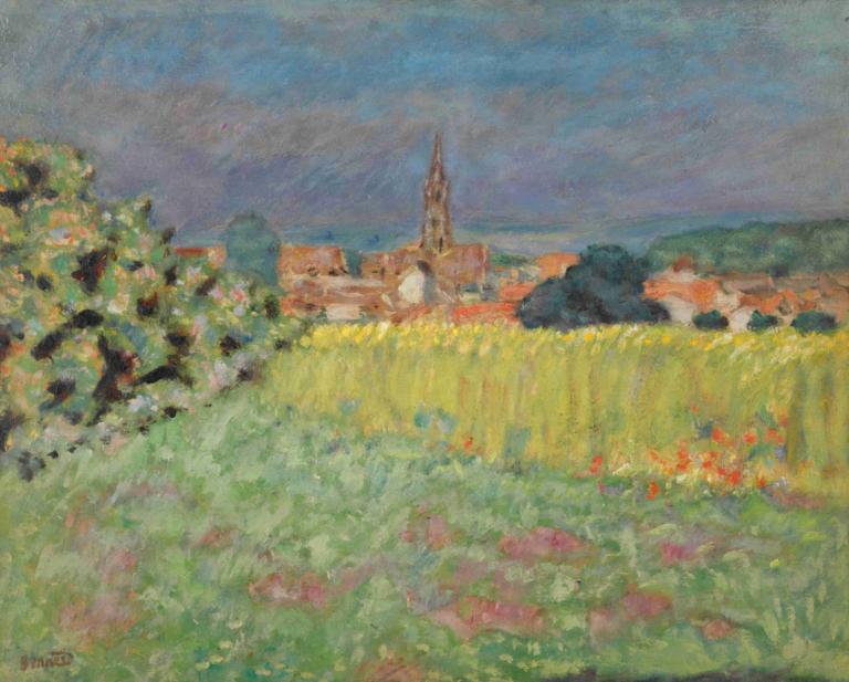 Le Champ De Blé Devant L'église,《花樣年華》L,Pierre Bonnard,皮埃爾·博納爾,油畫,油畫, 風景, 沒有人類, 戶外, 傳統媒體, 天空, 草, 城堡, 雲, 繪畫（中）