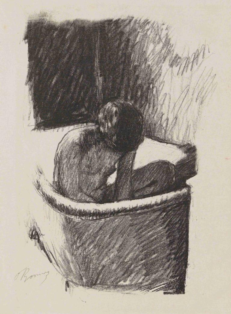 Le bain,勒貝恩,Pierre Bonnard,皮埃爾·博納爾,油畫,油畫, 單色, 獨奏, 1男孩, 男性焦點, 灰階, 浴缸, 傳統媒體, 裸體, 坐著