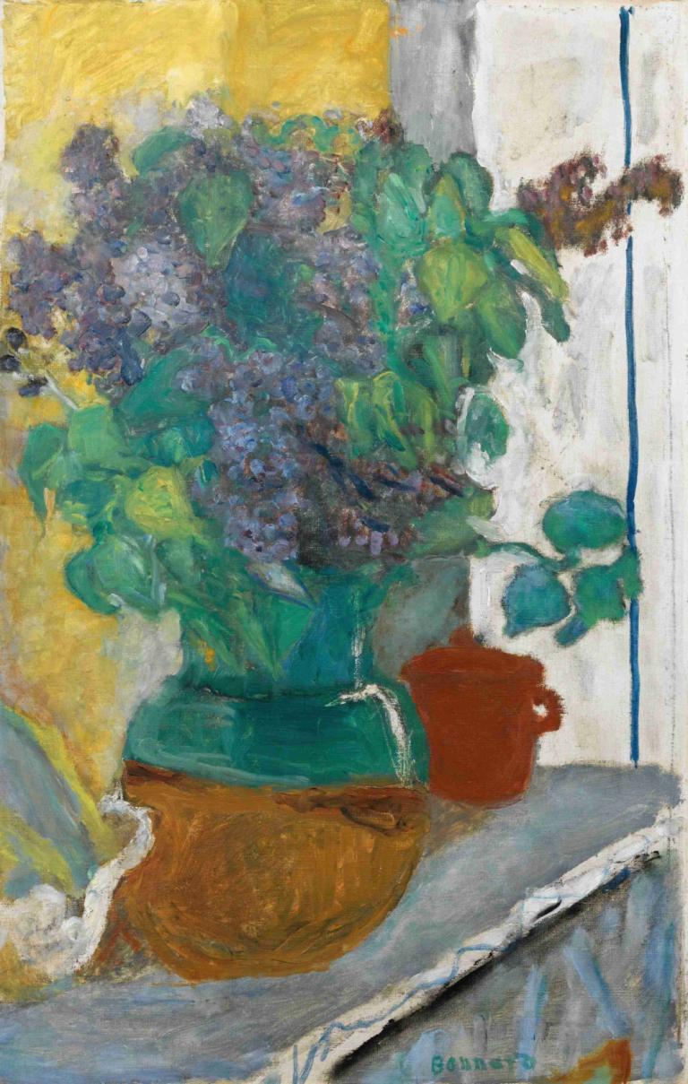 Lilas Mauve Dans Un Vase De Terre Jaune Et Vert,黄绿大地花瓶中的淡紫色丁香花,Pierre Bonnard,皮埃尔-波纳尔,油画,油画, 绘画（中）, 传统媒体, 花