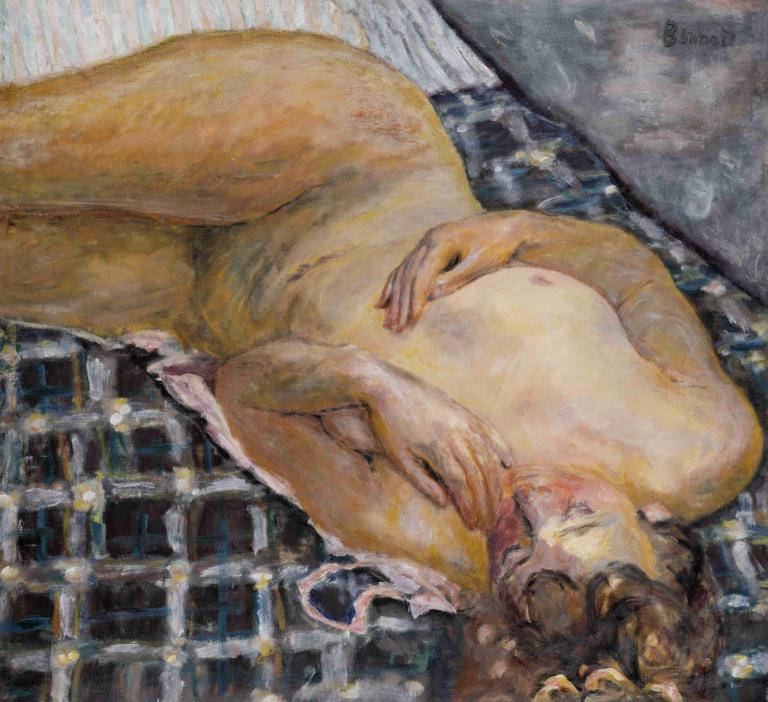 Reclining Nude against a White and Blue Plaid,Pierre Bonnard,Oil Painting,Oil Painting, 1girl, solo, nude