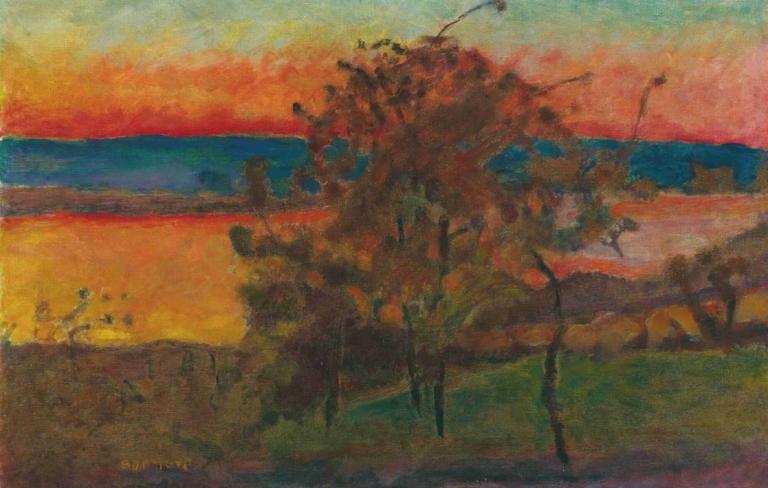 Soleil Couchant,Auringonlasku,Pierre Bonnard,Öljymaalaus,Öljymaalaus, ei ihmisiä, puu, ulkona