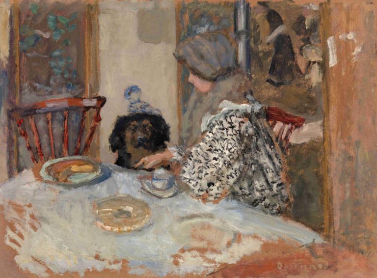 Woman and Dog at Table,Nainen ja koira pöydässä,Pierre Bonnard,Öljymaalaus,Öljymaalaus, pöytä, kuppi, tuoli