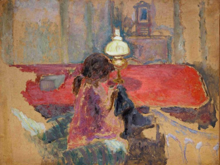 Woman with a Lamp,ランプを持つ女,Pierre Bonnard,ピエール・ボナール,油絵,油絵, 1女の子, ベッド, 茶髪, 従来のメディア, ランプ, ソロ, 座っている, 屋内で, 絵画（中）