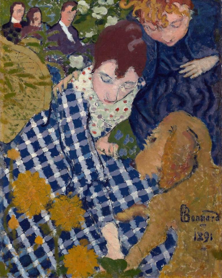 Women With A Dog,犬を連れた女性たち,Pierre Bonnard,ピエール・ボナール,油絵,油絵, 犬, 複数の女の子, 複数の男の子, ブロンドの髪, 毛布, 花, 目を閉じた, ドレス, 茶髪