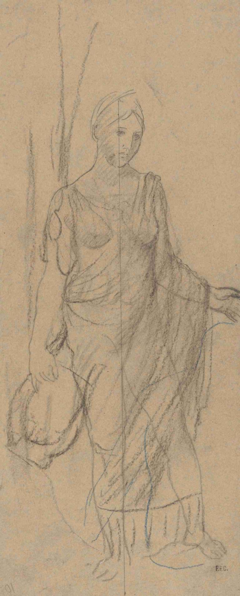 A Muse of Poetry,Pierre Puvis de Chavannes,Sketch,Sketch, solo, monochrome, sketch, 1girl, traditional media