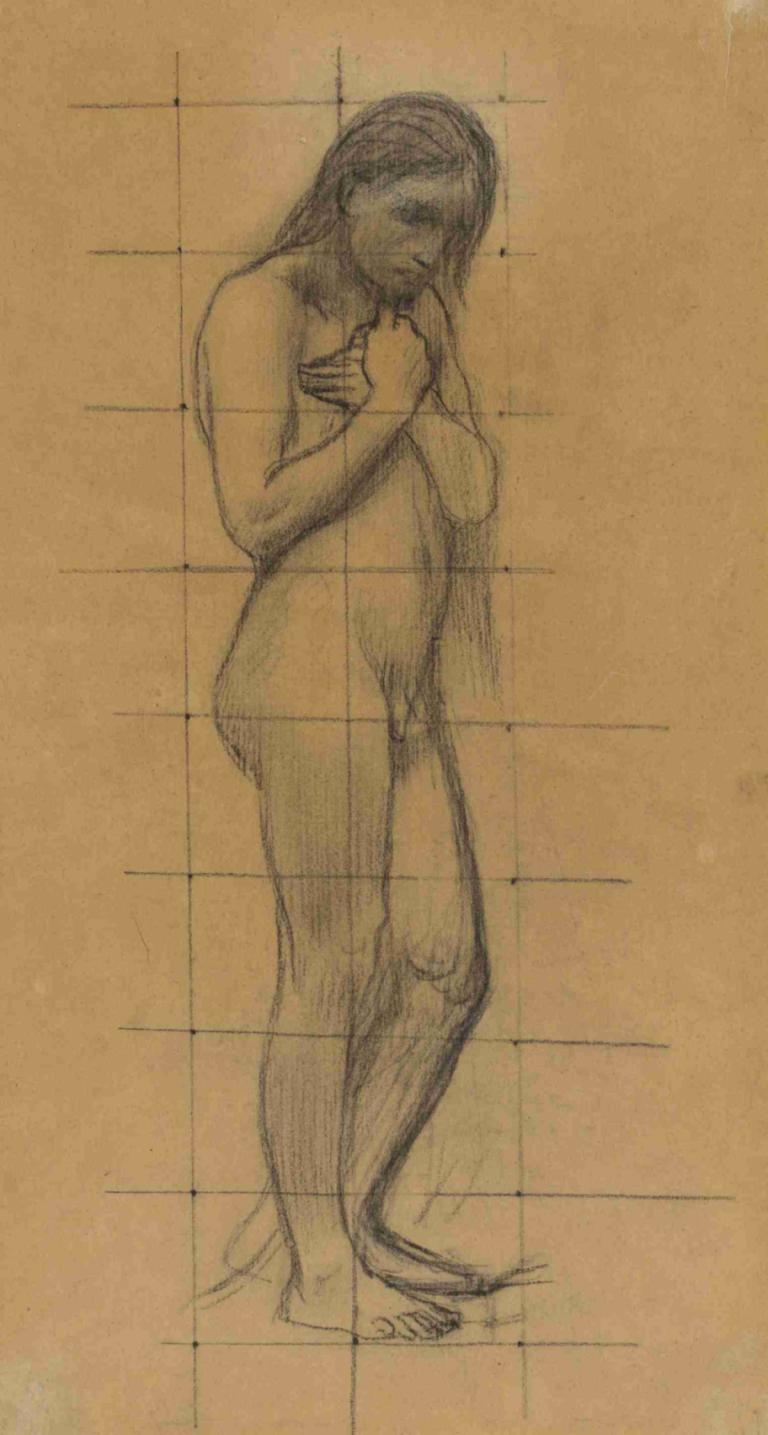 A Standing Male Nude,Pierre Puvis de Chavannes,Croquis,Croquis, 1fille, solo, monochrome, nu, esquisser