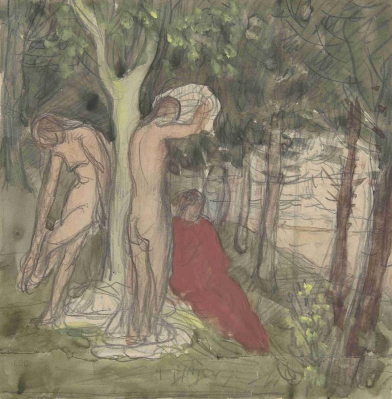 Bathers,Pierre Puvis de Chavannes,Oil Painting,Oil Painting, tree, sketch, nude, nature, 1girl, brown hair