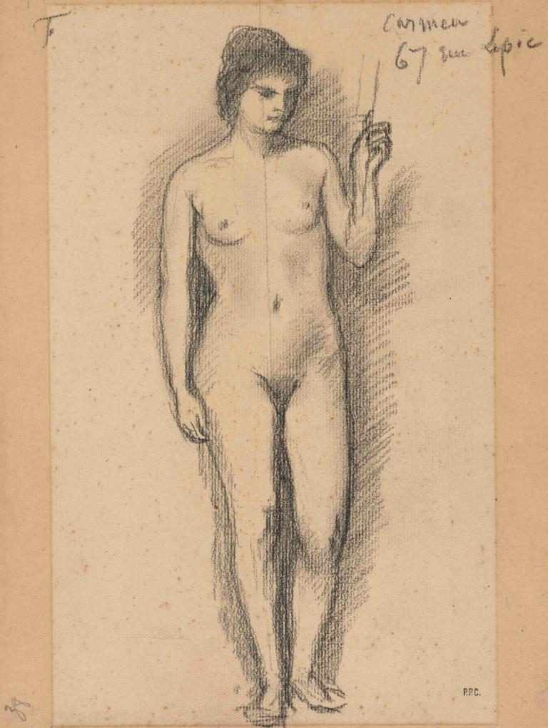 Carmen,Pierre Puvis de Chavannes,Sketch,Sketch, 1girl, solo, nude, nipples, sketch, monochrome, breasts